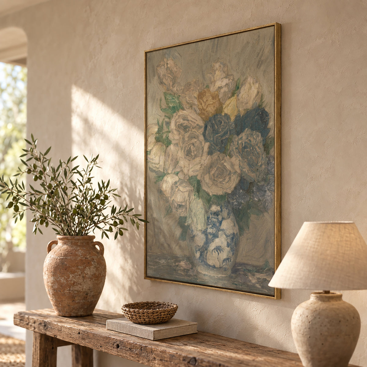 Antique Roses in a Blue Vase wall art
