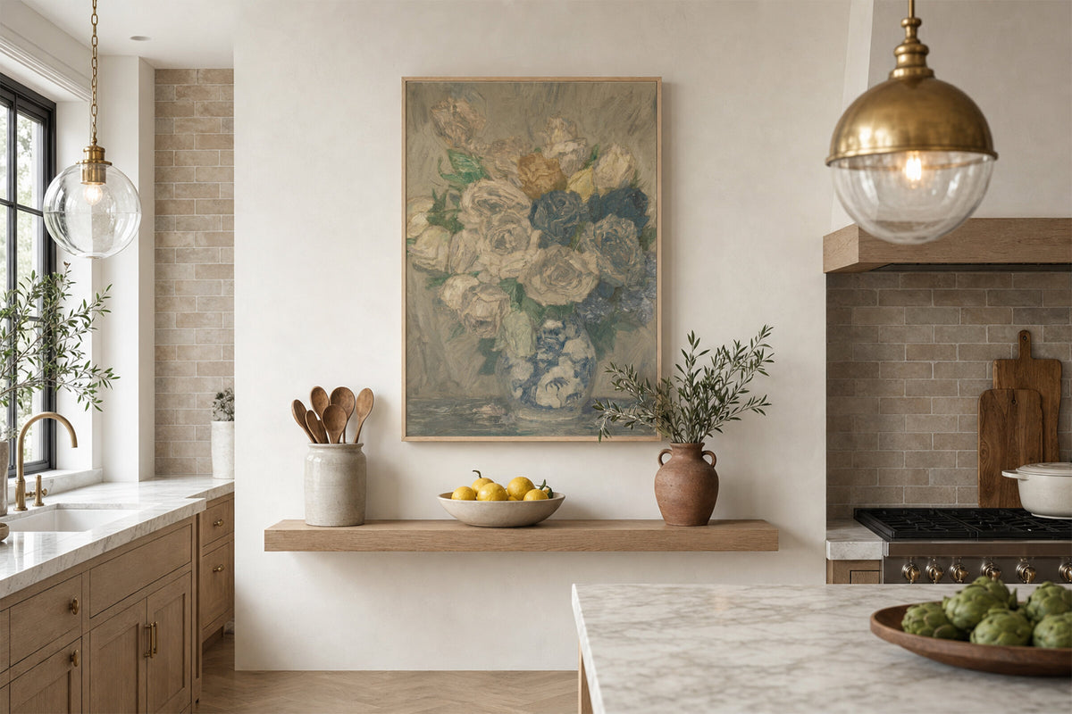 Antique Roses in a Blue Vase wall art