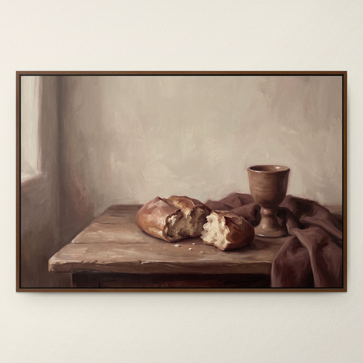 Bread and Cup by the Window in a dark brown frame