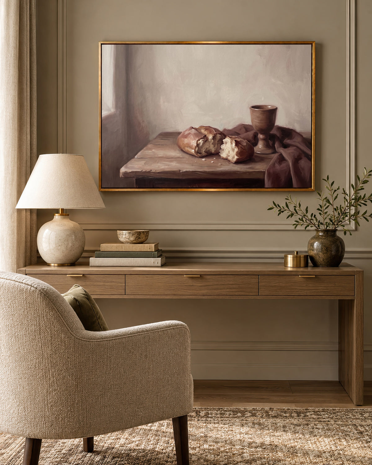 Bread and Cup by the Window framed wall art above a desk in a cozy study nook
