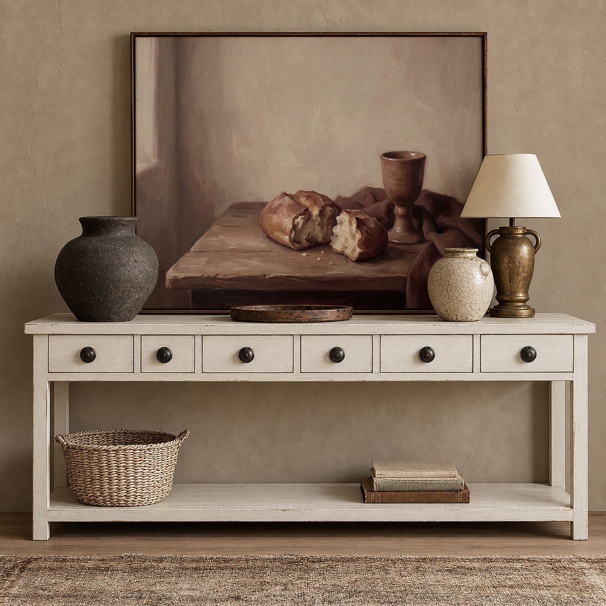 Bread and Cup by the Window framed wall art above a white console with brass accents