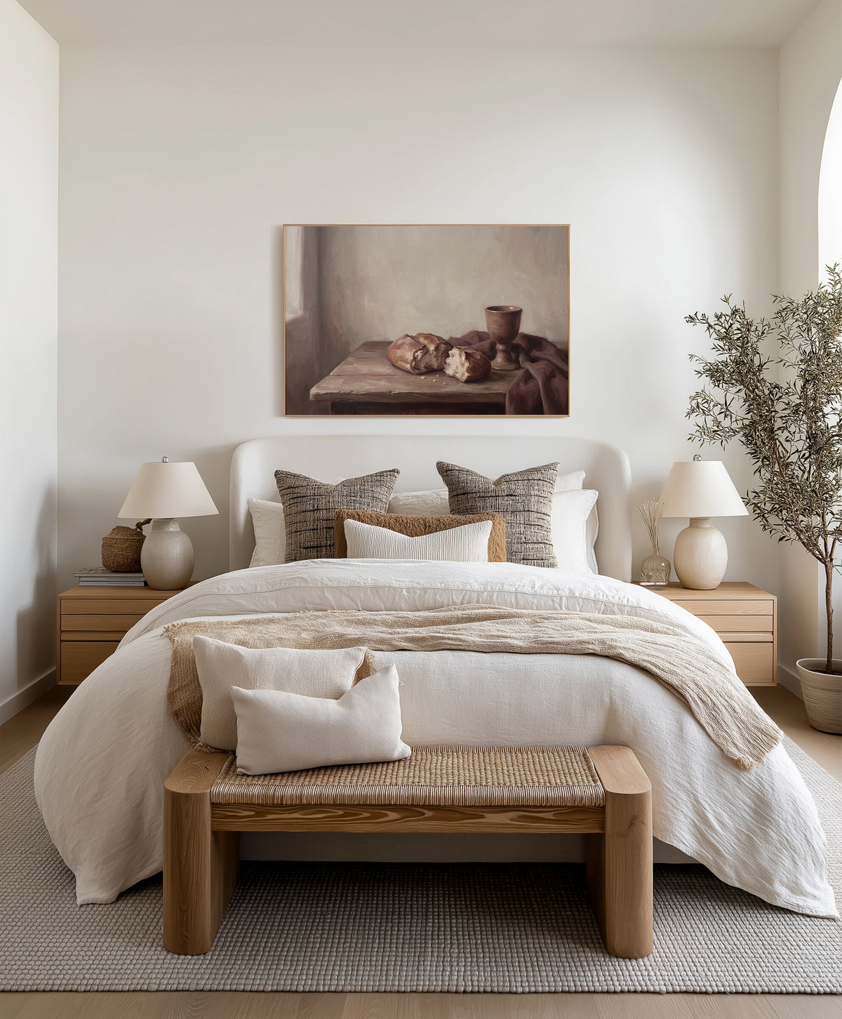 Bread and Cup by the Window framed wall art above the bed in a bright bedroom