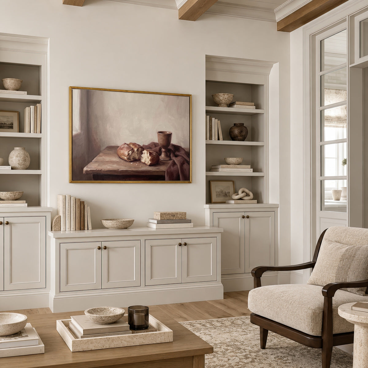 Bread and Cup by the Window framed wall art in a neutral living room with built-ins