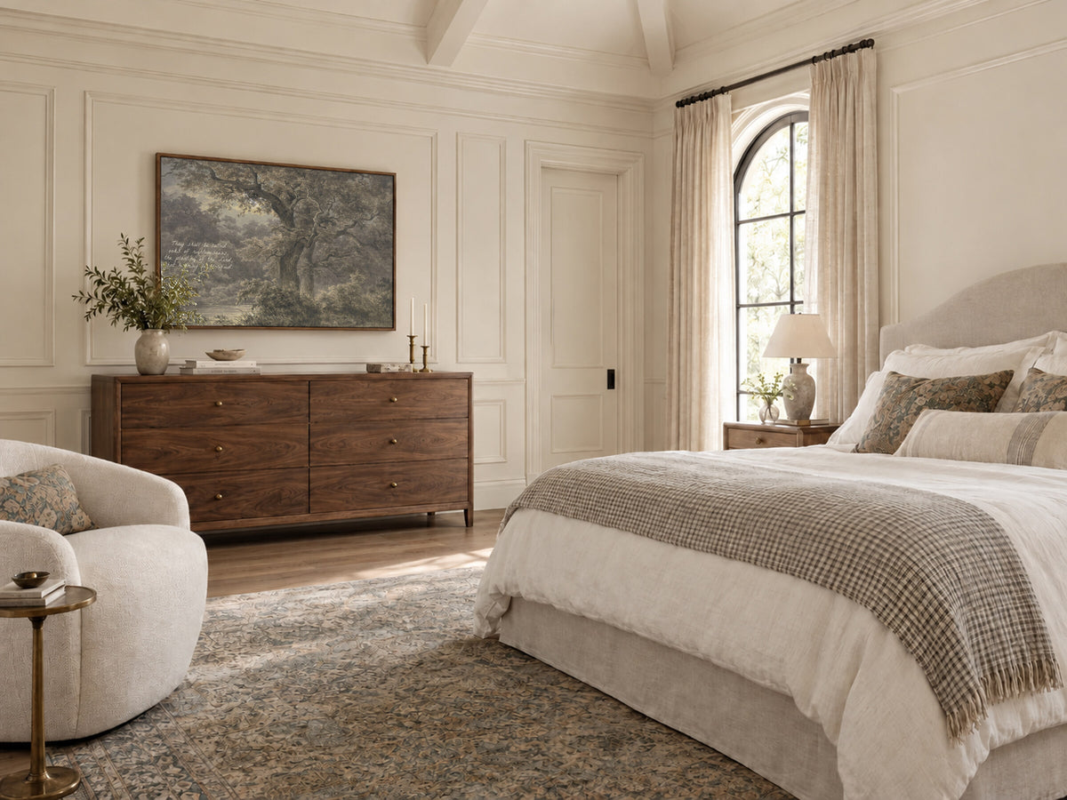 Planted Oaks of Righteousness framed wall art in a bedroom above a walnut dresser