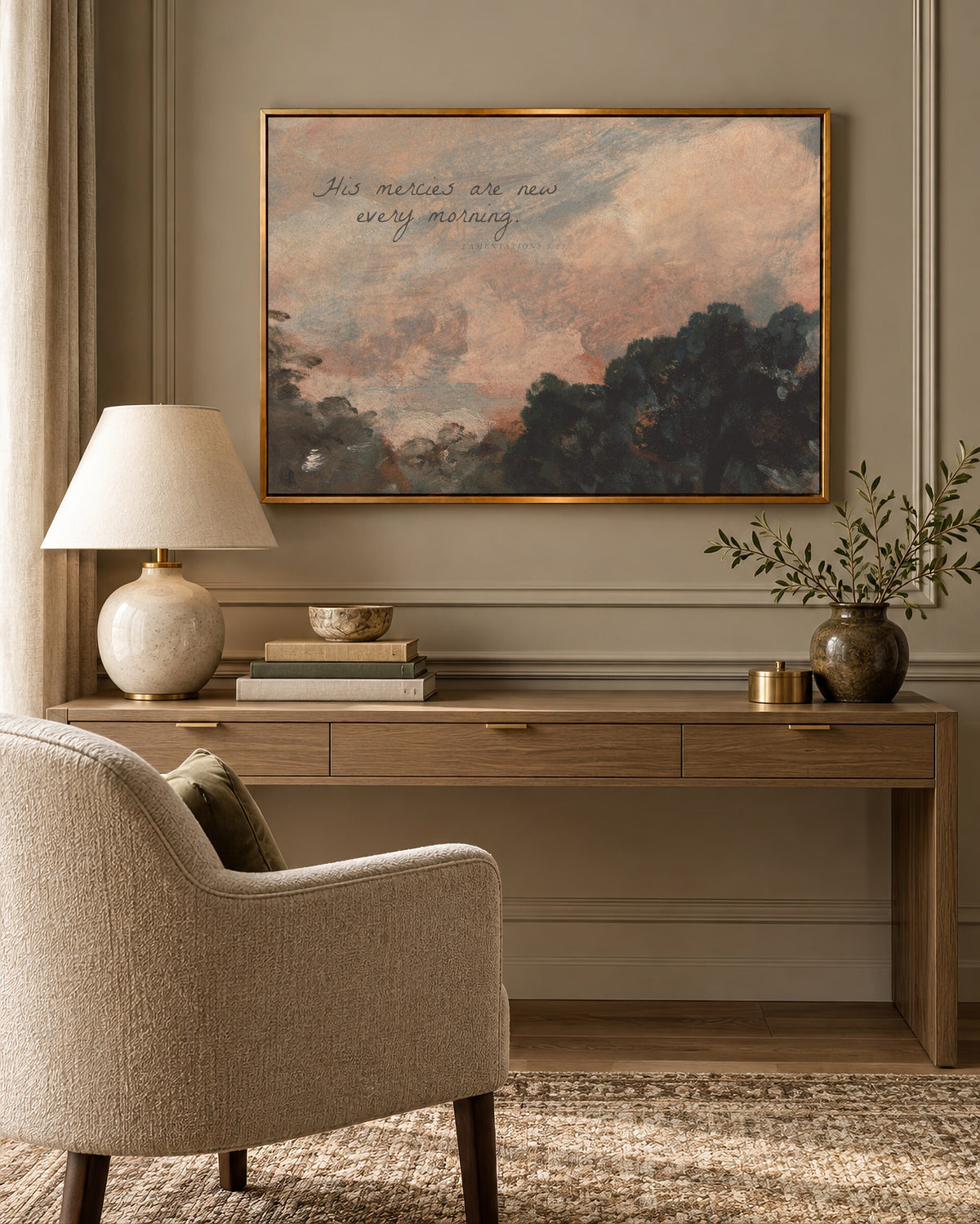 Mercies at Rose Sunrise framed wall art above a desk in a cozy study nook