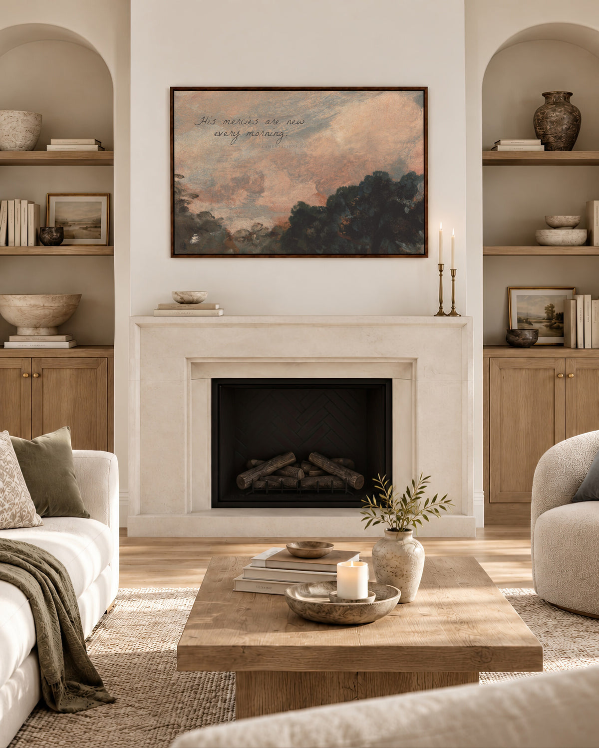 Mercies at Rose Sunrise framed wall art above a fireplace in a living room