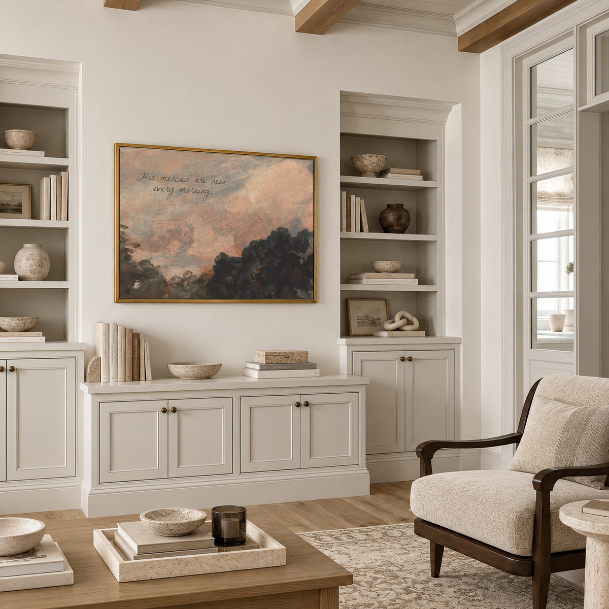 Mercies at Rose Sunrise framed wall art in a neutral living room with built-ins