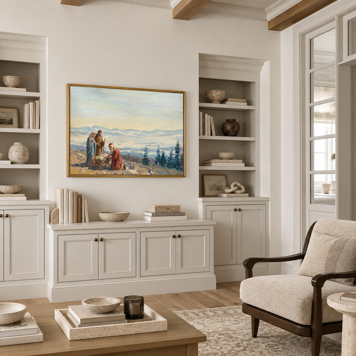 Nativity on the Mountain framed wall art in a neutral living room with built-ins