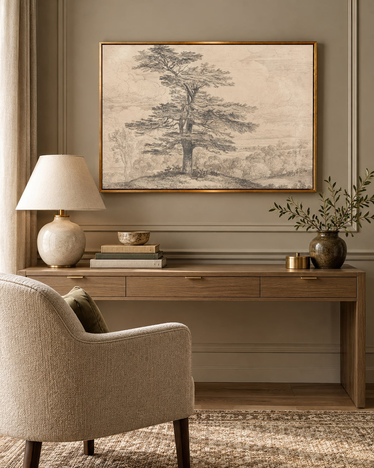 The Cedar Stands framed wall art above a desk in a cozy study nook