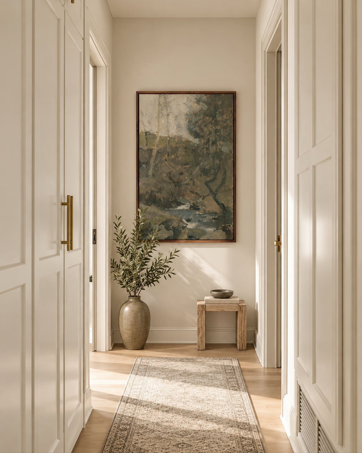 Living Water in the Autumn Ravine framed wall art in a soft neutral hallway