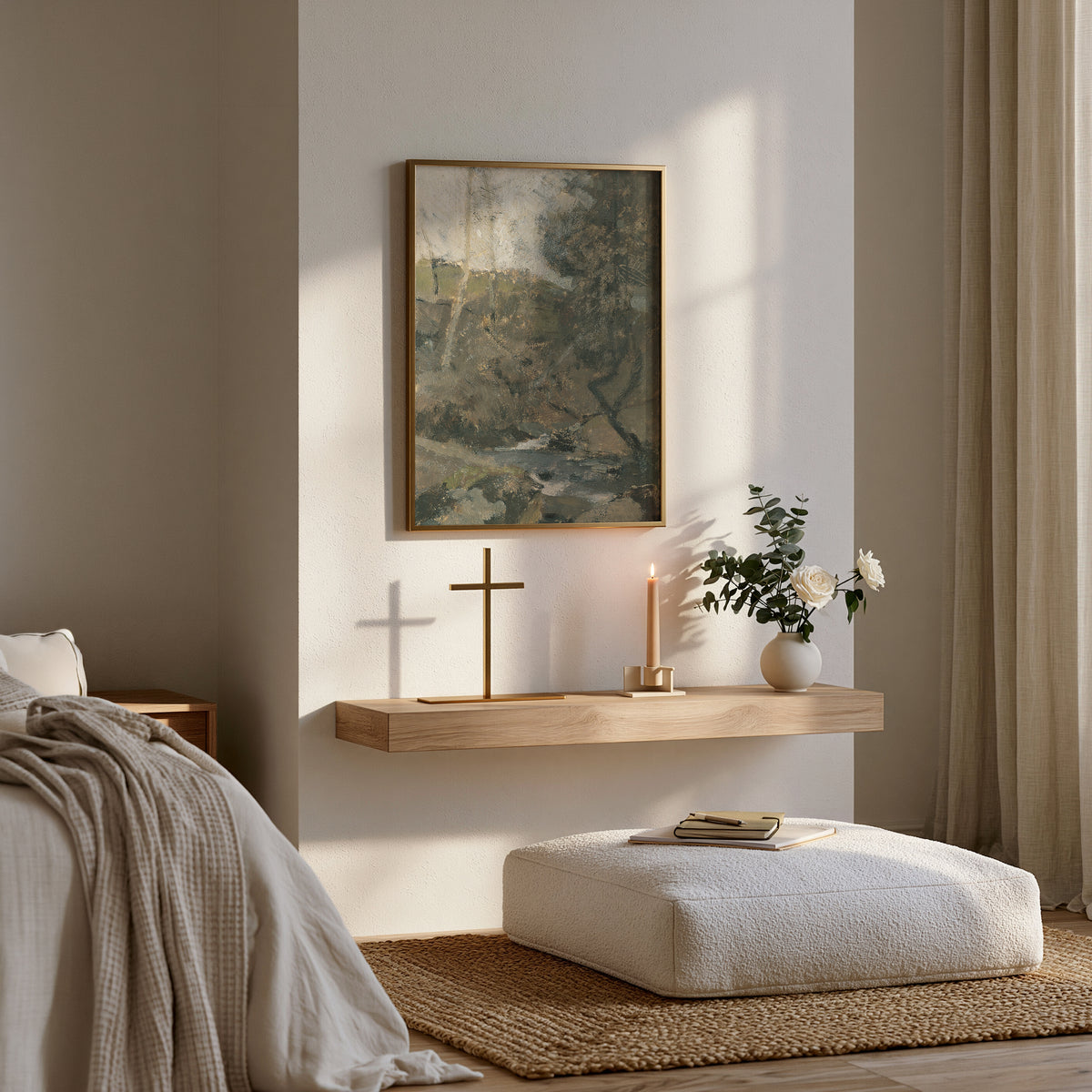 Living Water in the Autumn Ravine framed wall art above a prayer shelf with a cross in a bedroom nook