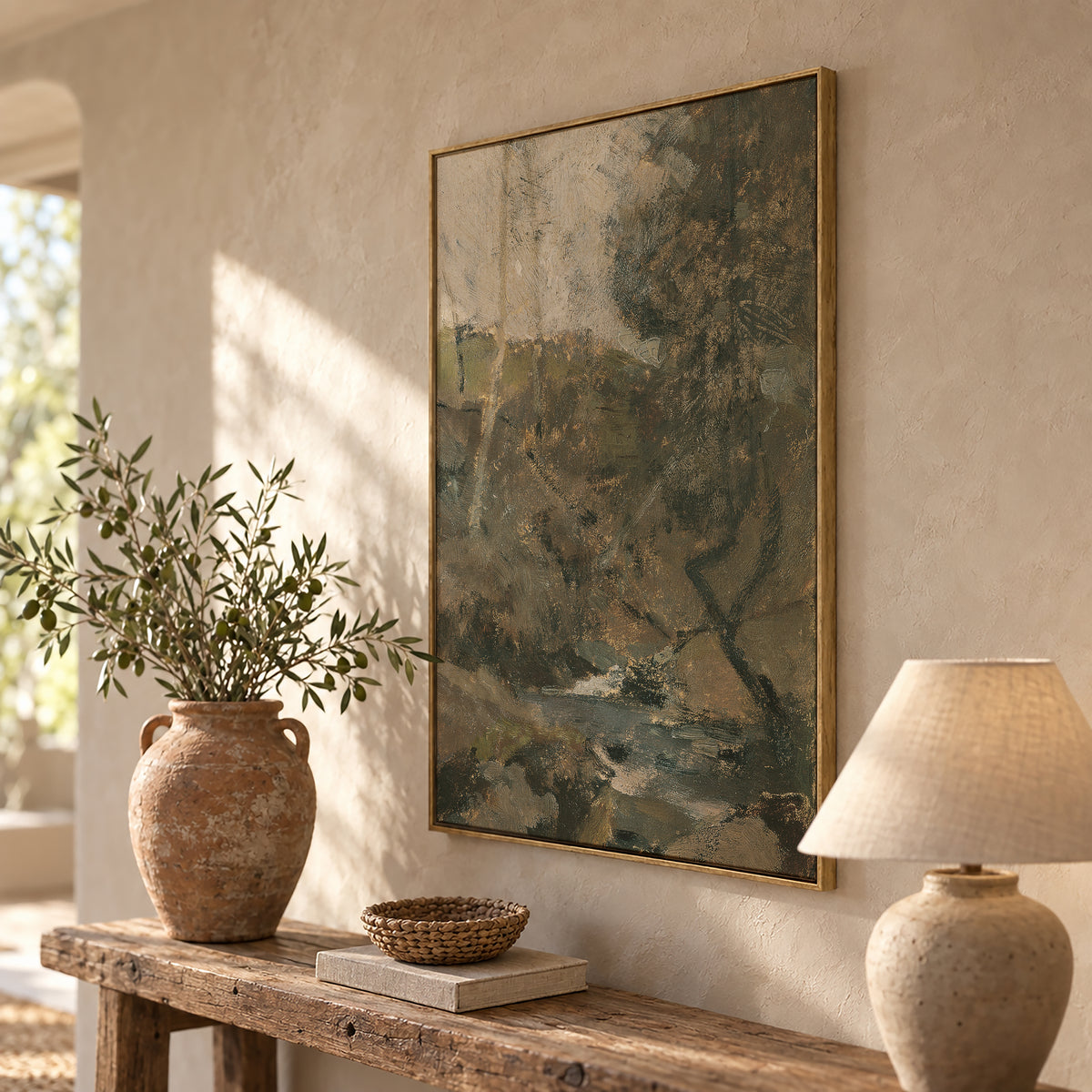 Living Water in the Autumn Ravine framed wall art above a rustic console with a lamp