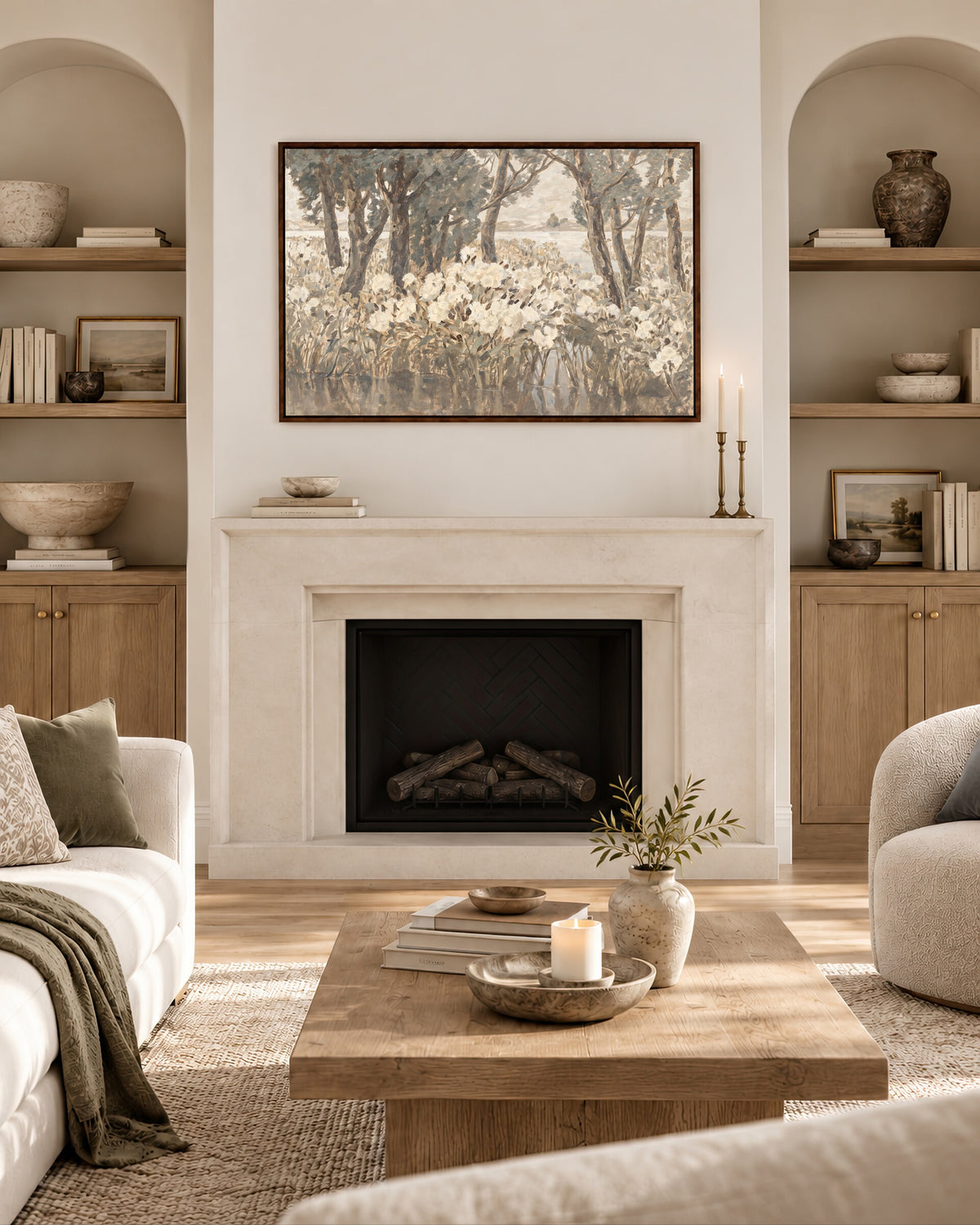 Lilies Beside the Water framed wall art above a fireplace in a living room