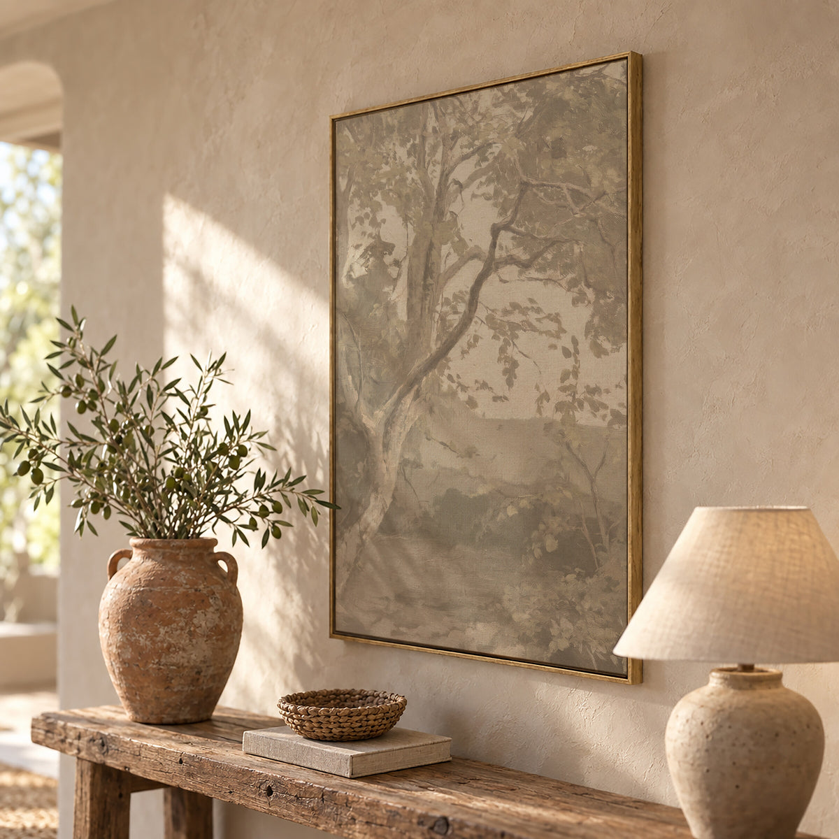 Greige Tree in Quiet Light framed wall art above a rustic console with a lamp