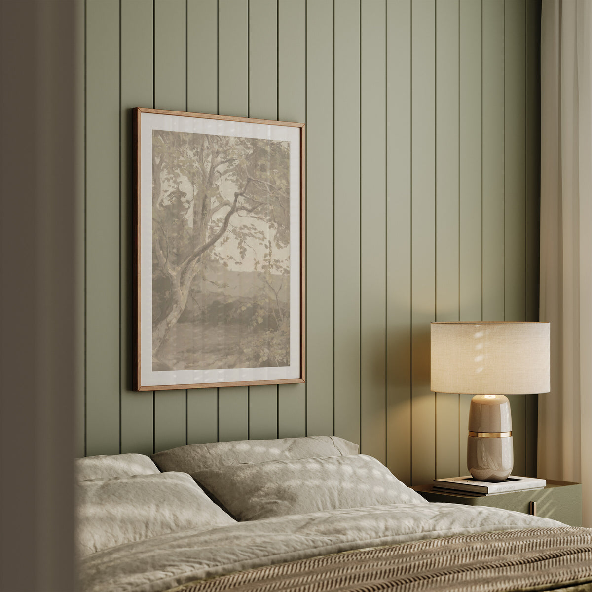Greige Tree in Quiet Light framed wall art in a sage shiplap bedroom