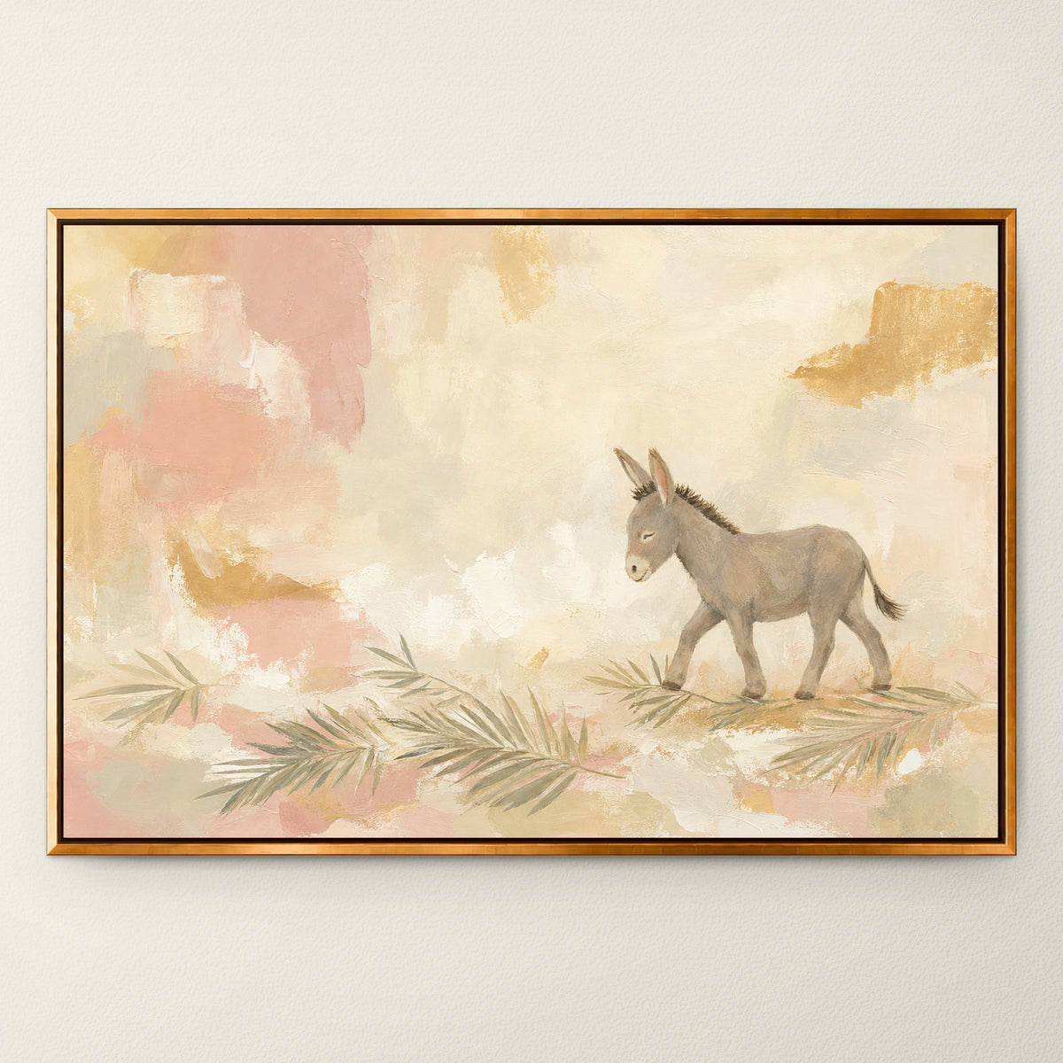 Palm Sunday Donkey wall art in a Gold floating frame