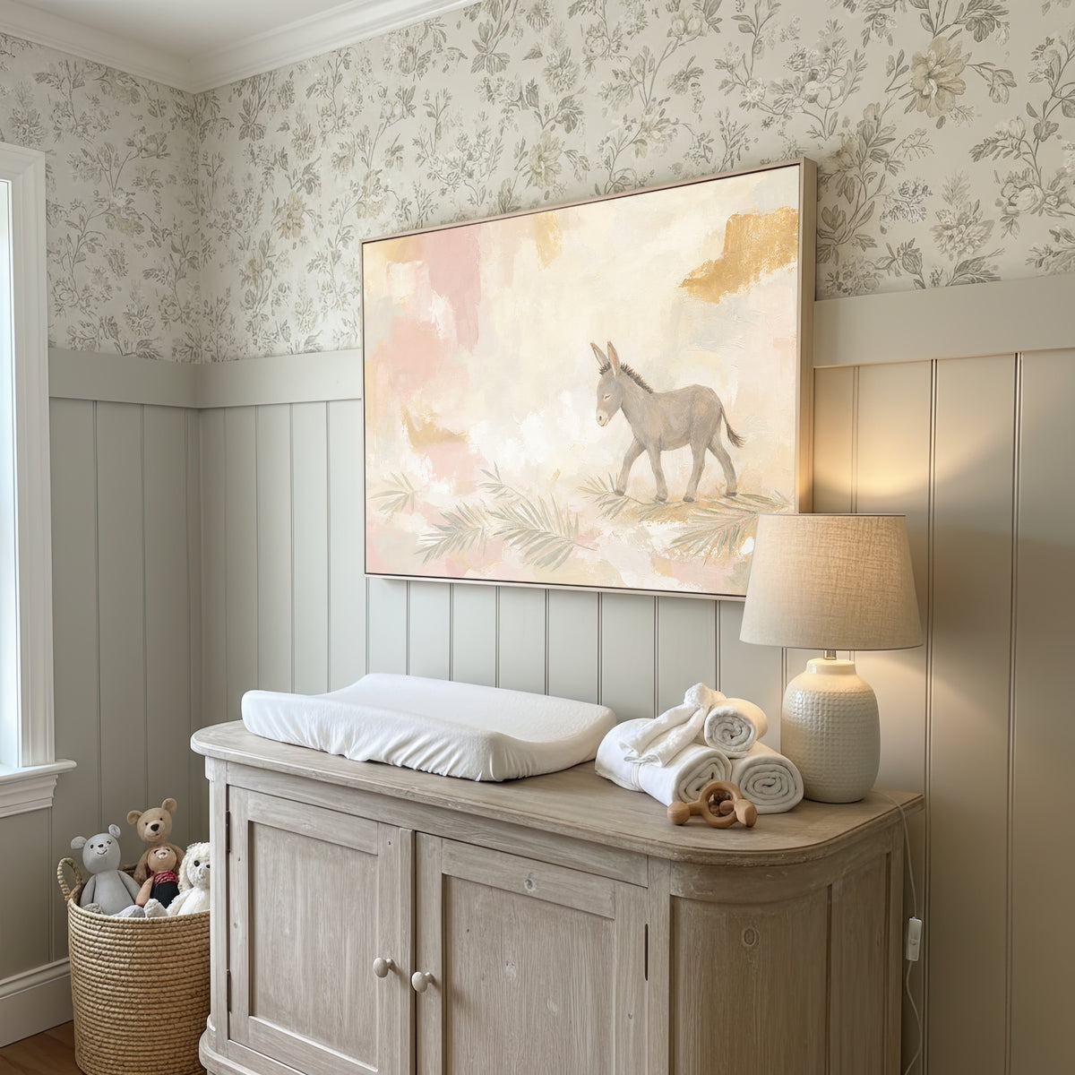 Palm Sunday Donkey wall art in a floral wallpaper nursery