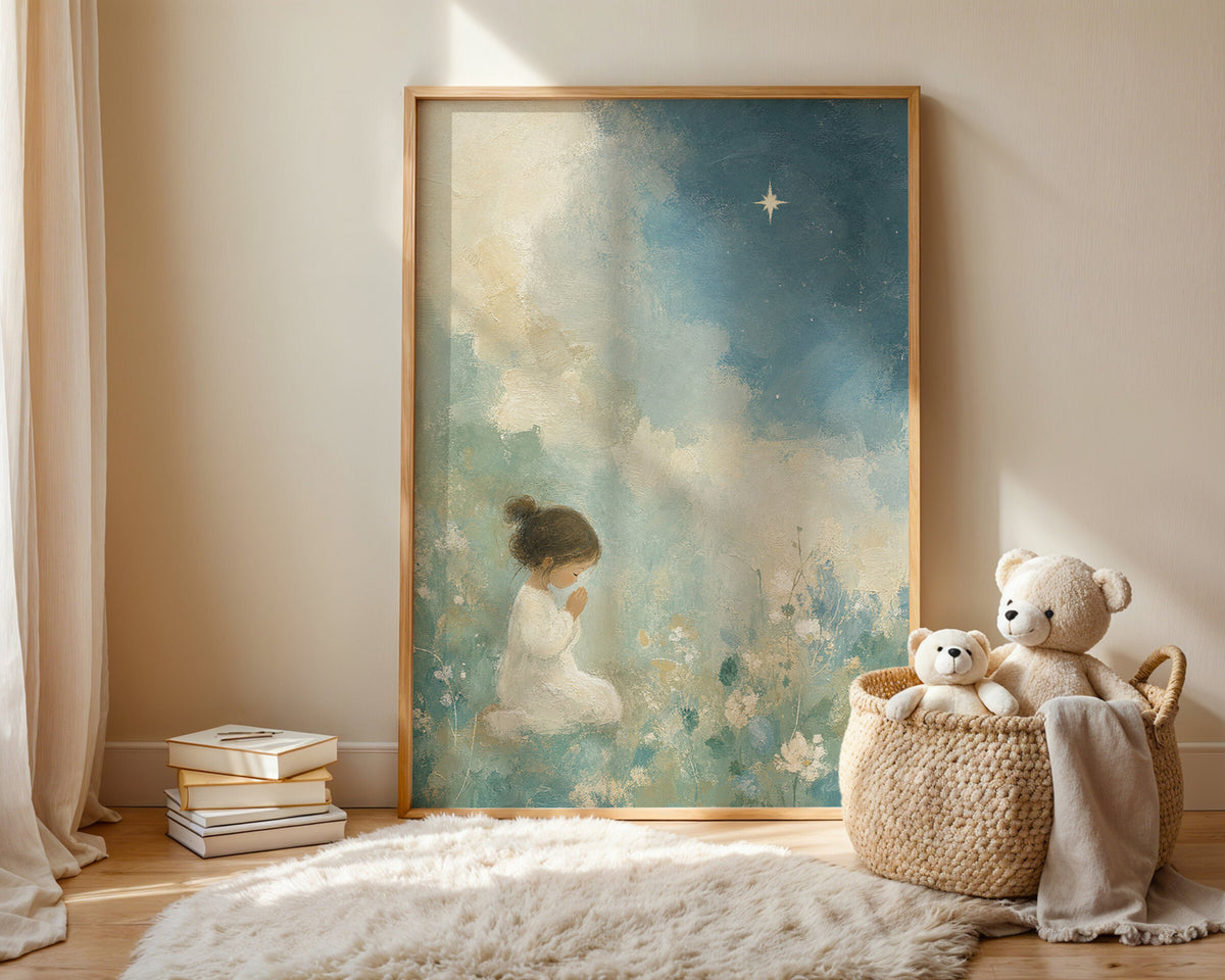 Praying Girl with Blue Florals wall art