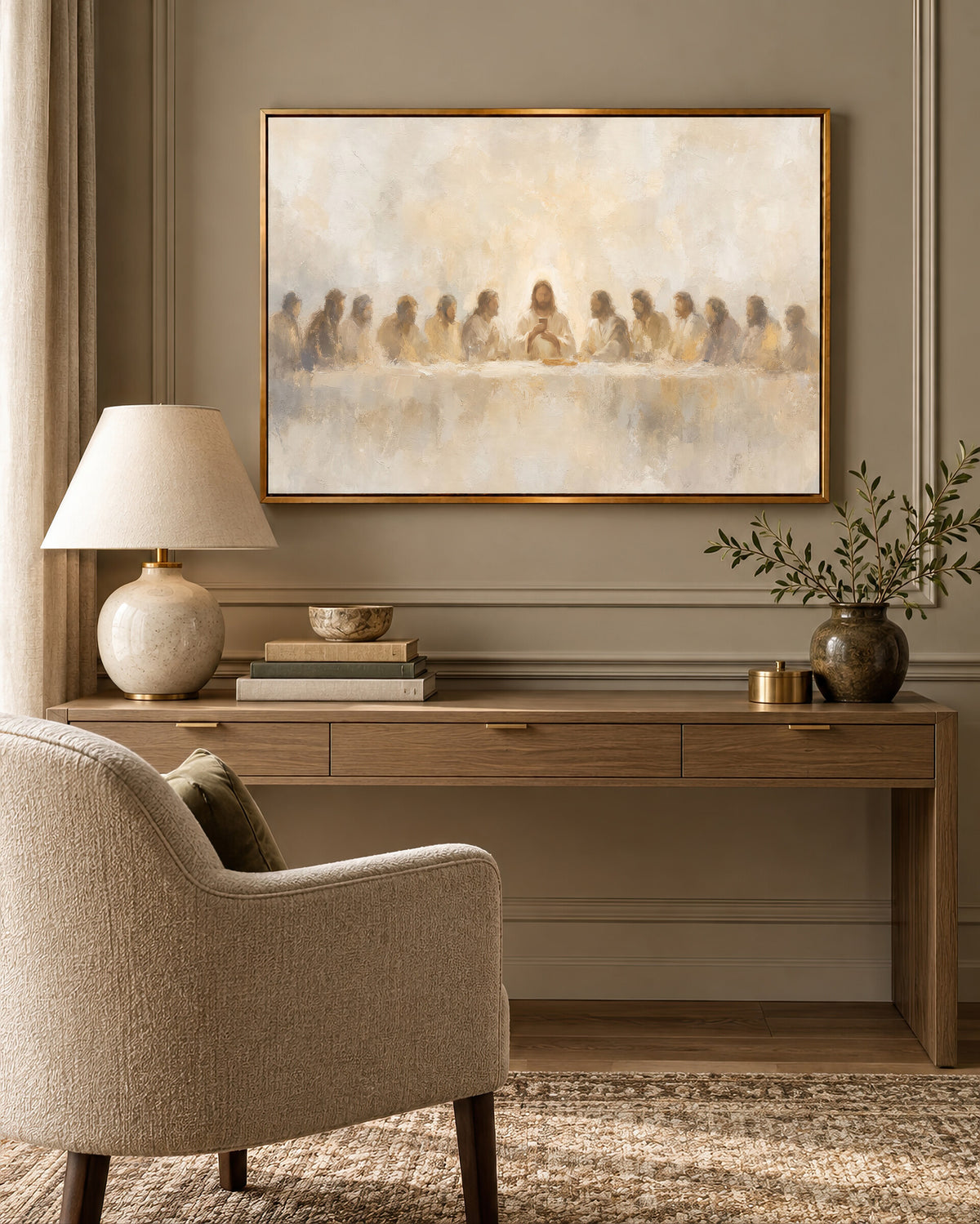 The Cup in Misty Light framed wall art above a desk in a cozy study nook