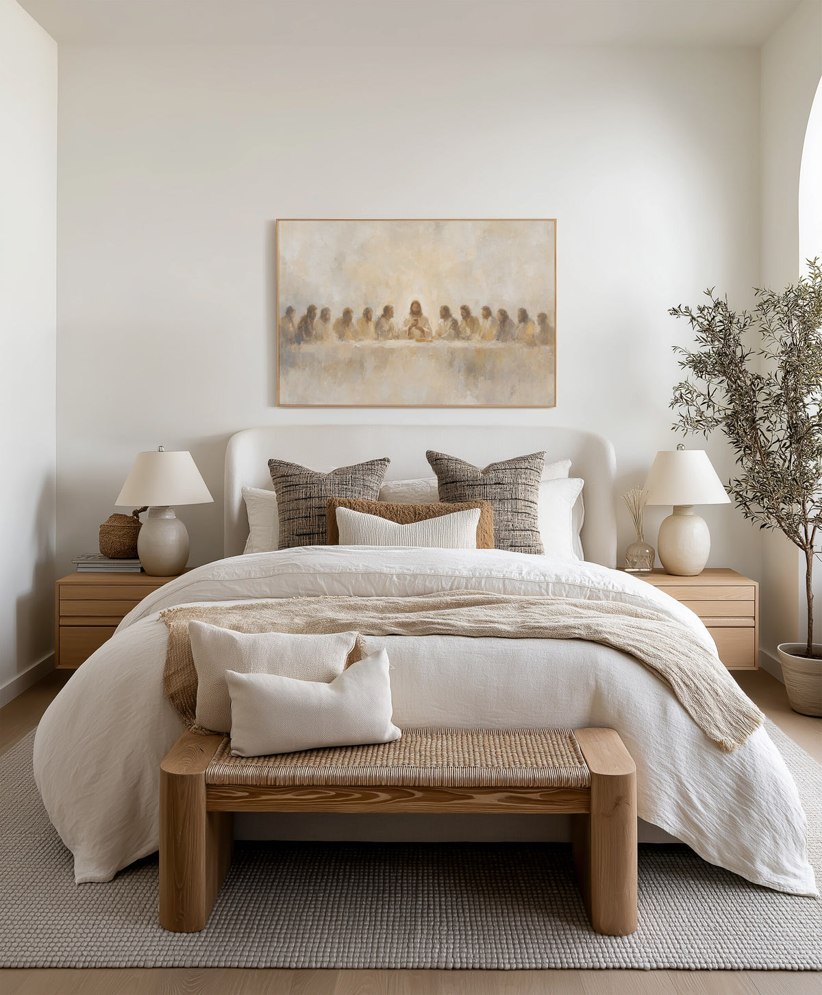 The Cup in Misty Light framed wall art above the bed in a bright bedroom