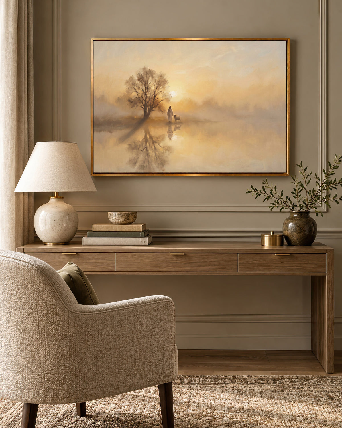 The Shepherd and Lamb at Dusk framed wall art above a desk in a cozy study nook