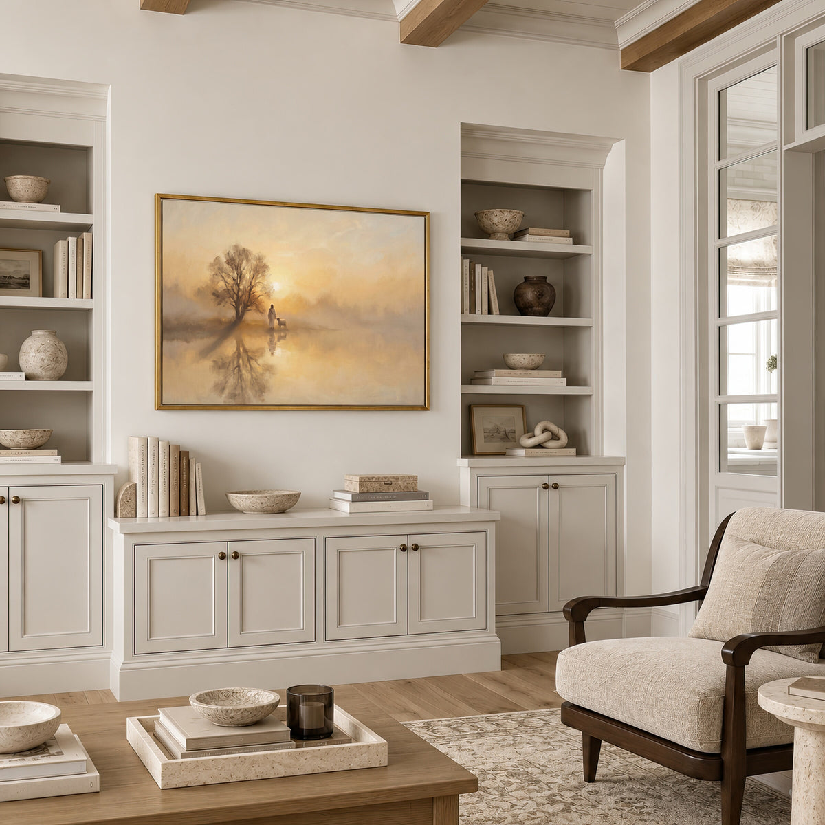 The Shepherd and Lamb at Dusk framed wall art in a neutral living room with built-ins