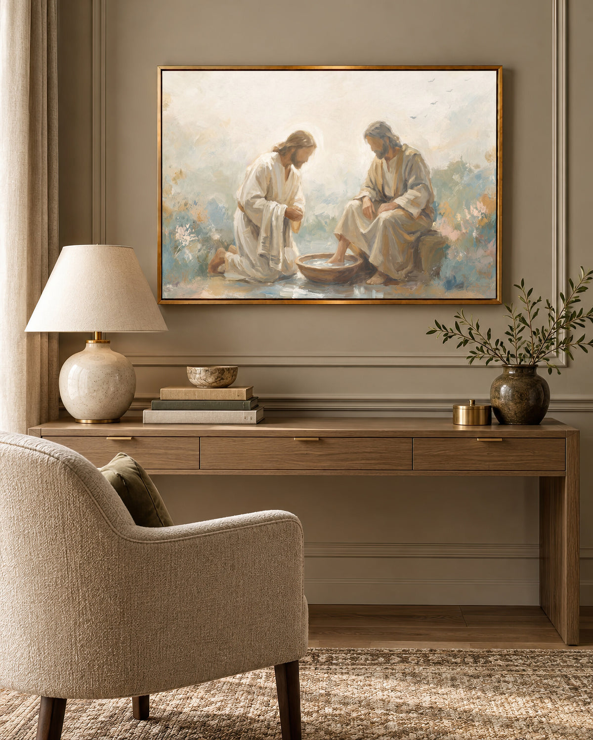 He Washed Their Feet framed wall art above a desk in a cozy study nook