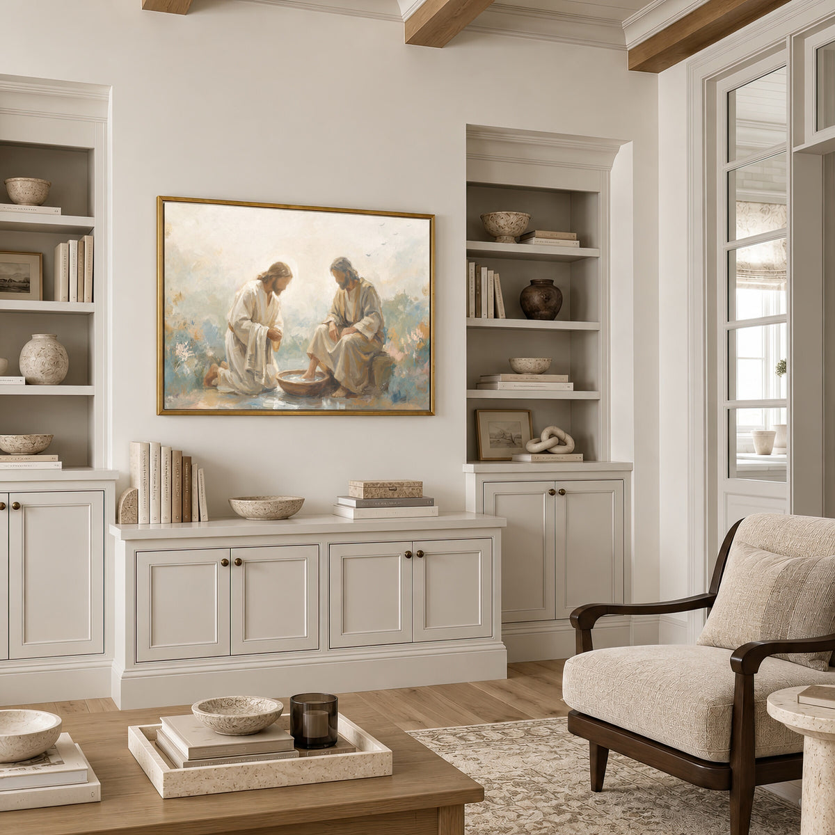 He Washed Their Feet framed wall art in a neutral living room with built-ins