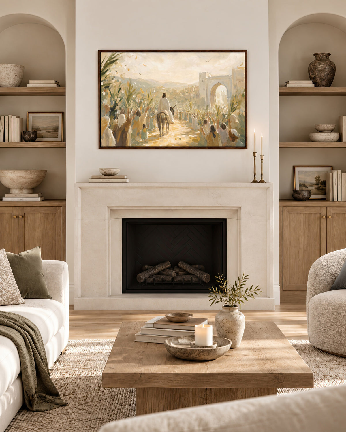 Hosanna at the City Gate framed wall art above a fireplace in a living room