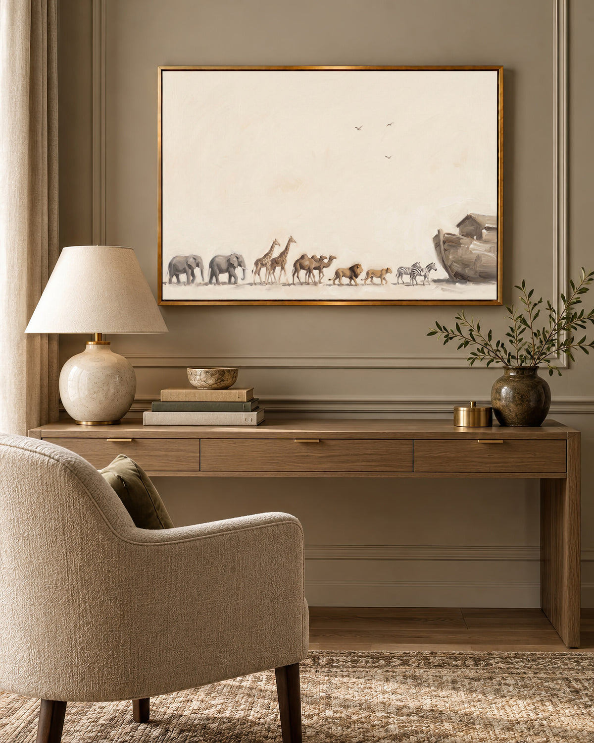 Parade to the Ark framed wall art above a desk in a cozy study nook