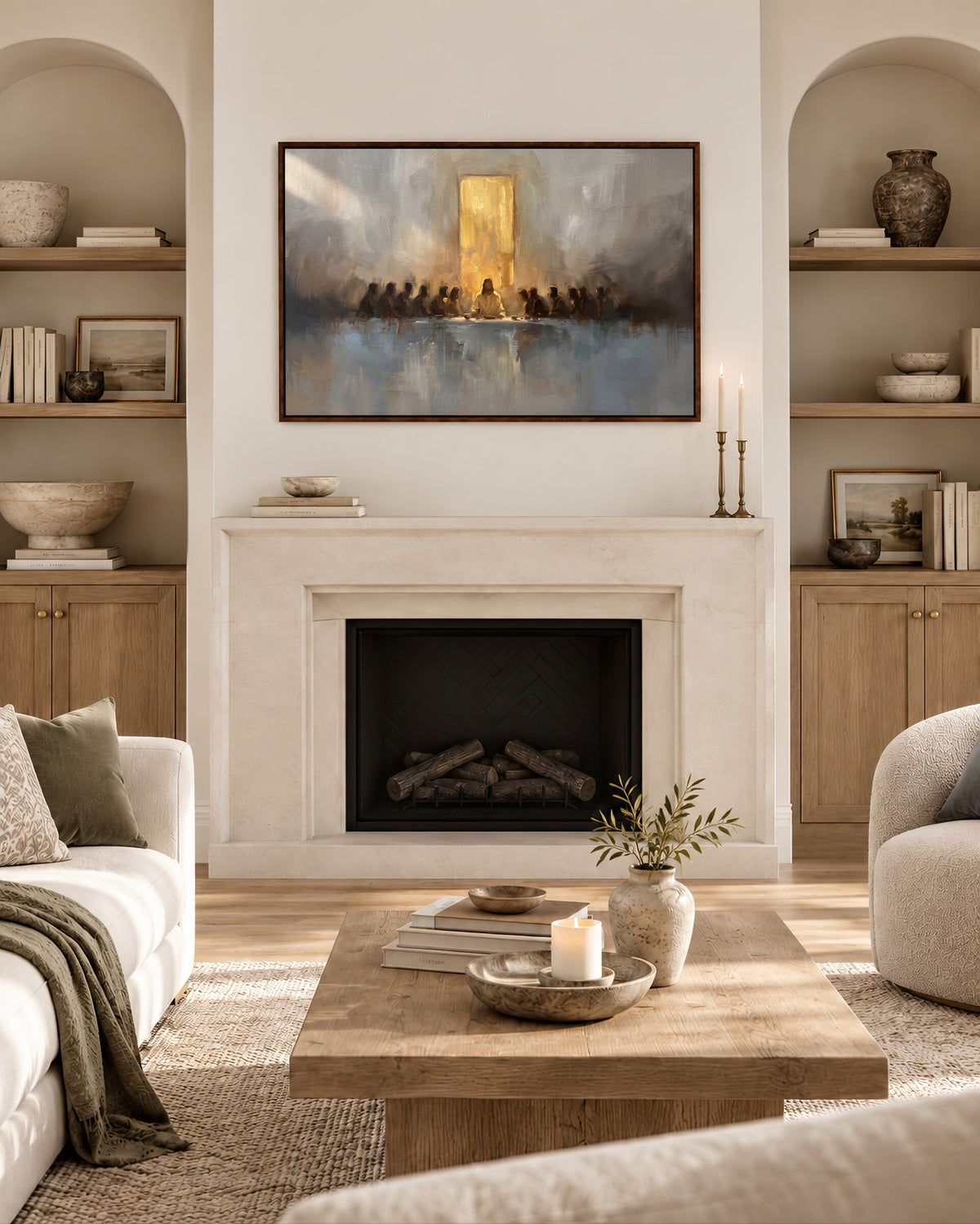 Last Supper Before the Golden Door framed wall art above a fireplace in a living room