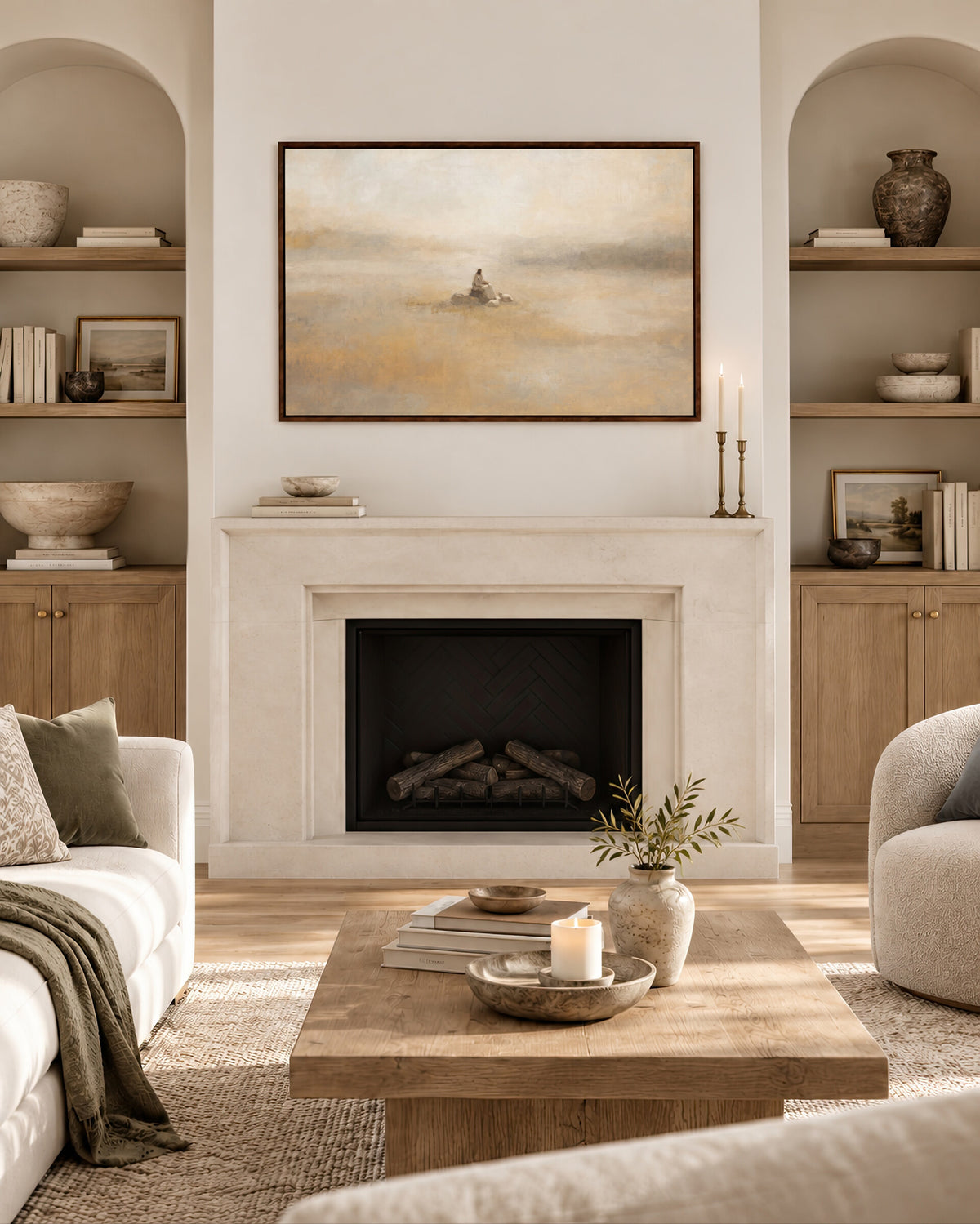 Seated on the Rock framed wall art above a fireplace in a living room