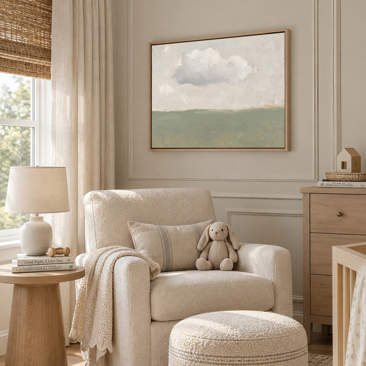 One Cloud Over Sage Field framed wall art in a soft-colored nursery