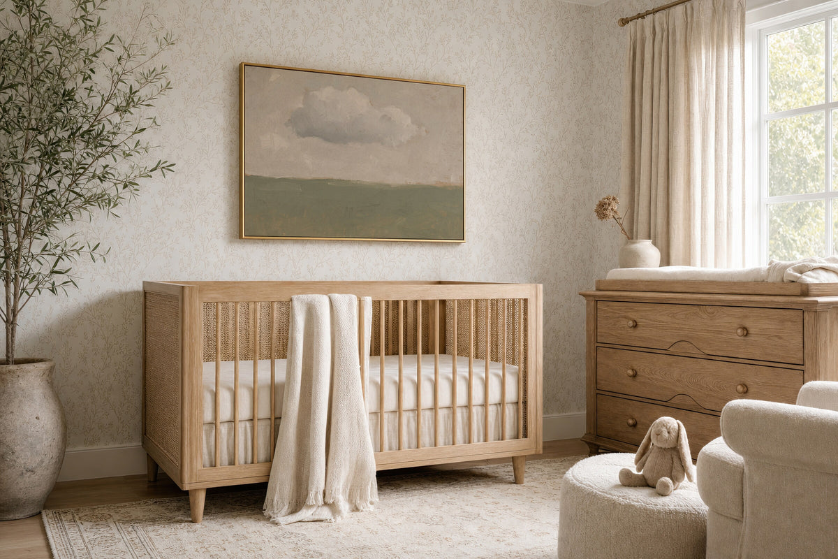 One Cloud Over Sage Field framed wall art in a sweet girl's nursery