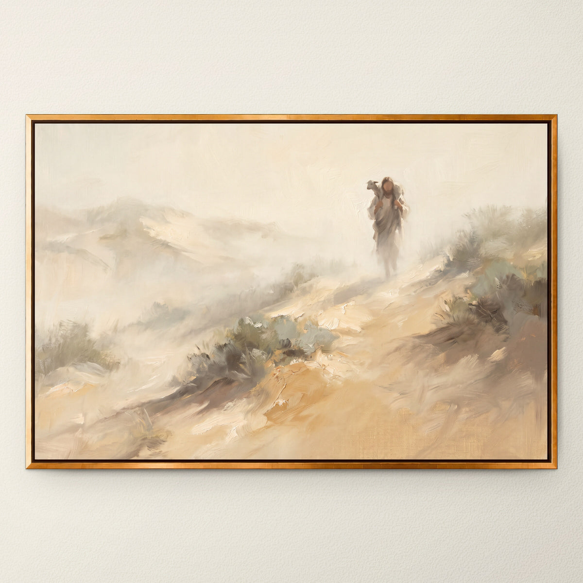 Carrying the Lamb Down the Dune wall art in a Gold floating frame