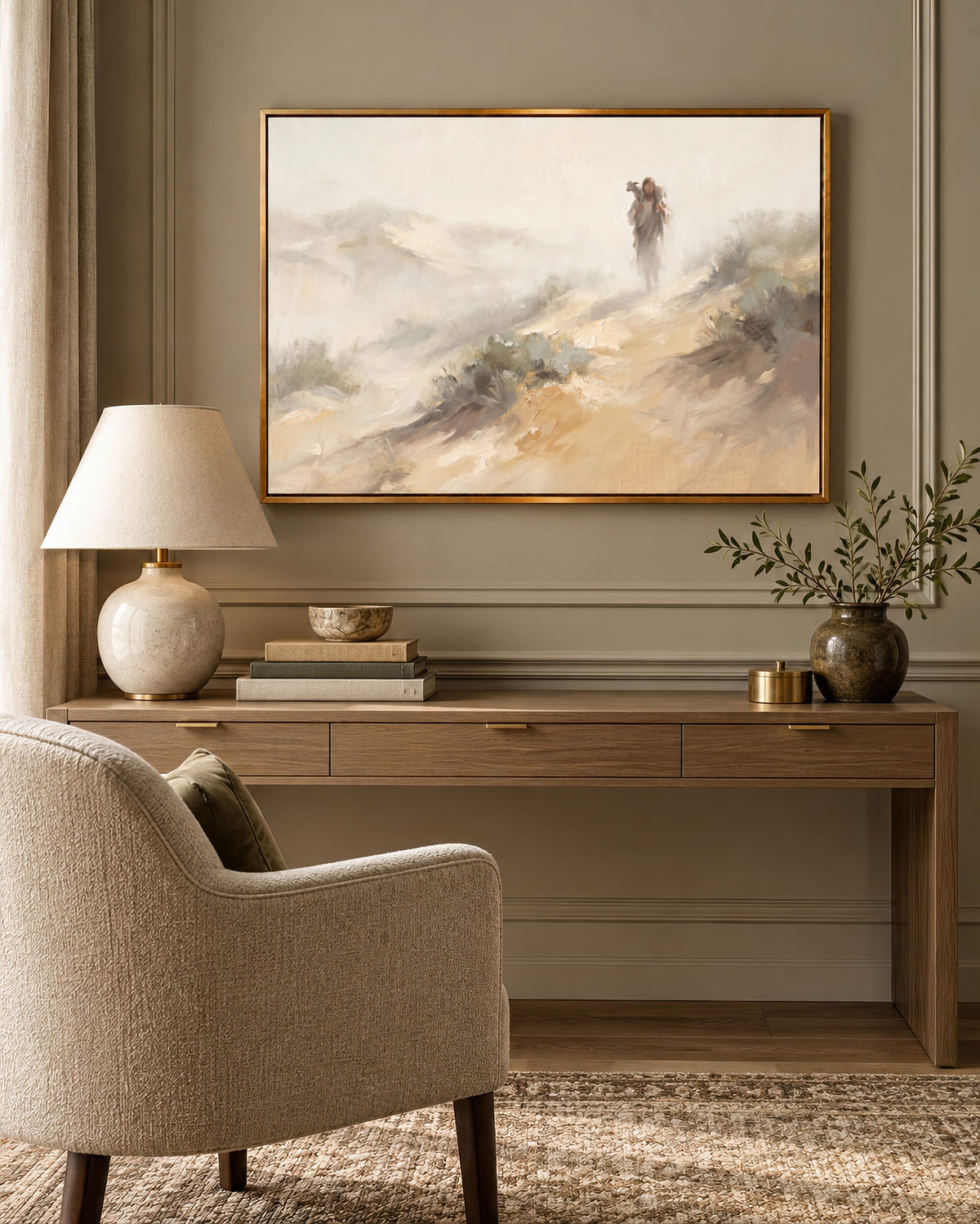 Carrying the Lamb Down the Dune framed wall art above a desk in a cozy study nook