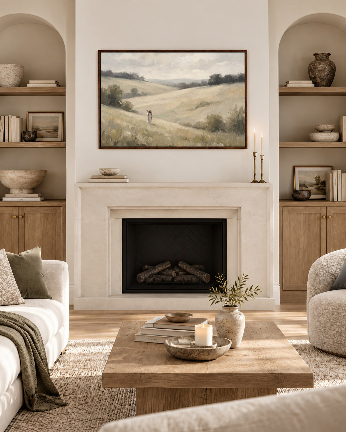 Carried Home Over the Hills framed wall art above a fireplace in a living room