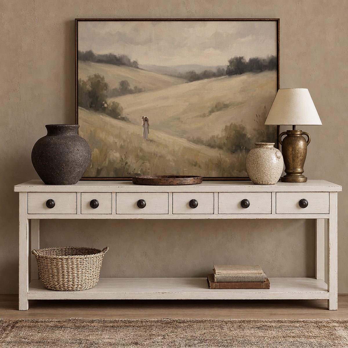 Carried Home Over the Hills framed wall art above a white console with brass accents