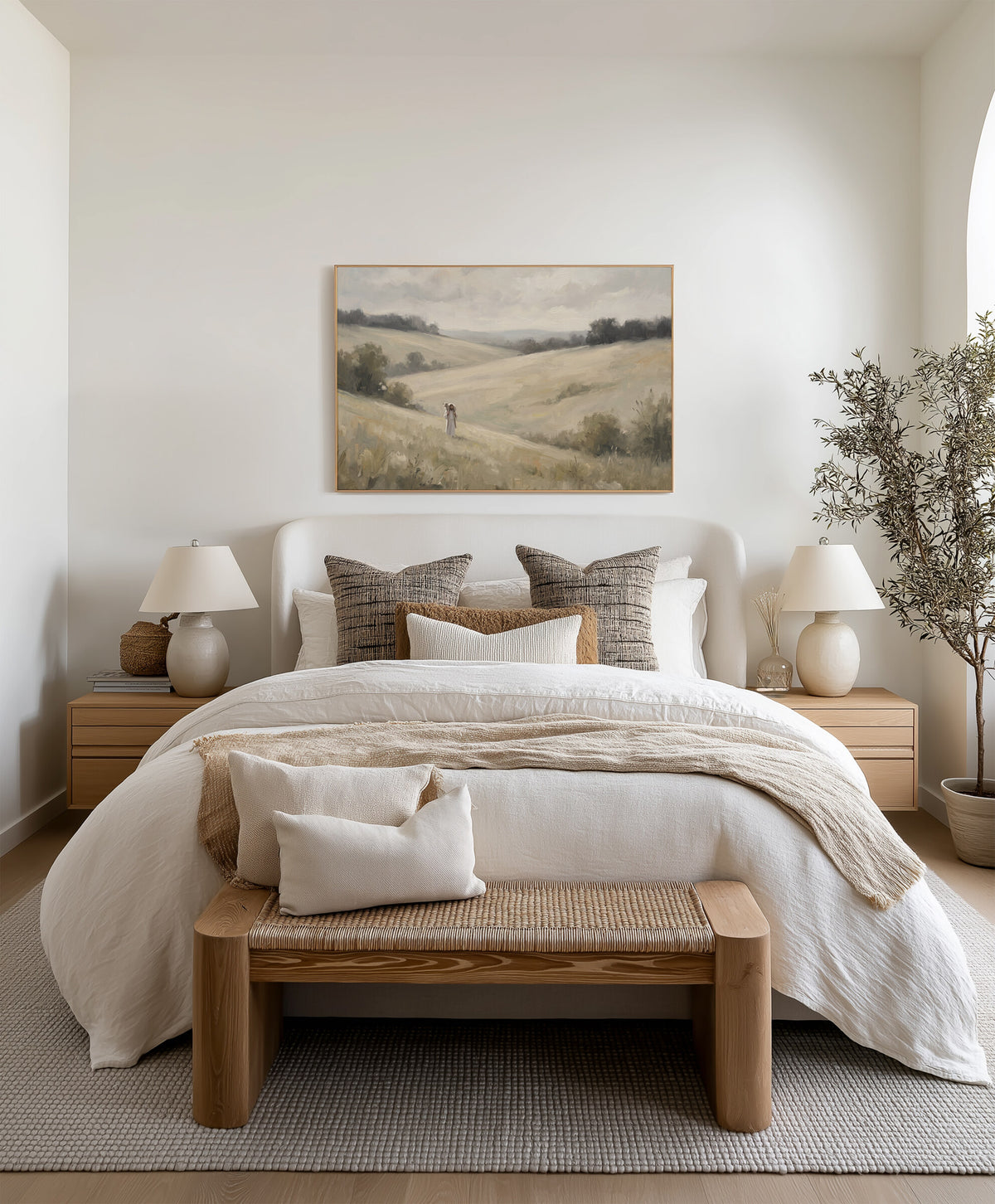 Carried Home Over the Hills framed wall art above the bed in a bright bedroom
