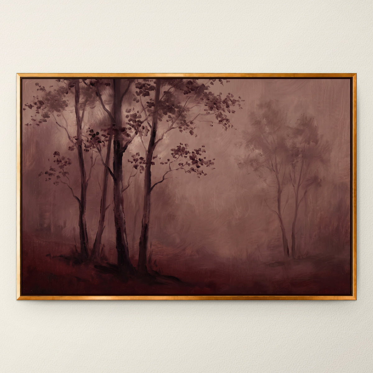 Burgundy Forest in Mist wall art in a Gold floating frame
