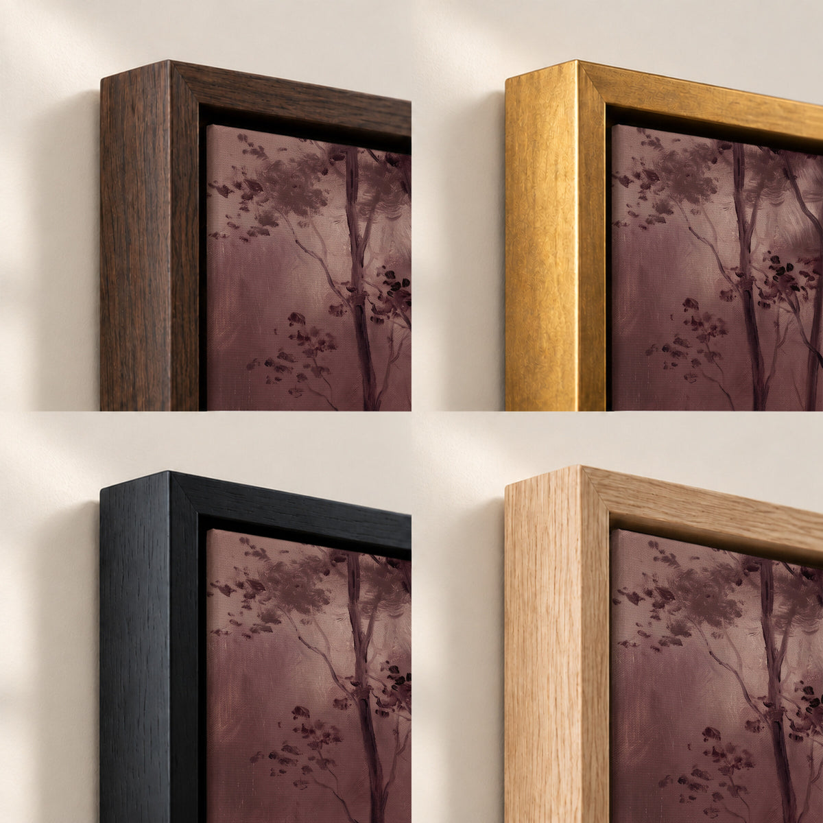 Burgundy Forest in Mist frame finish options: Brown, Gold, Black and Natural