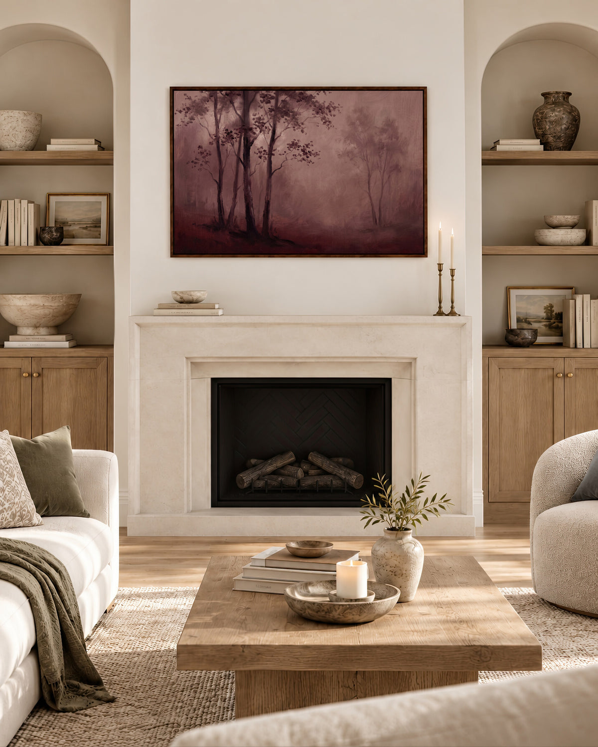 Burgundy Forest in Mist framed wall art above a fireplace in a living room