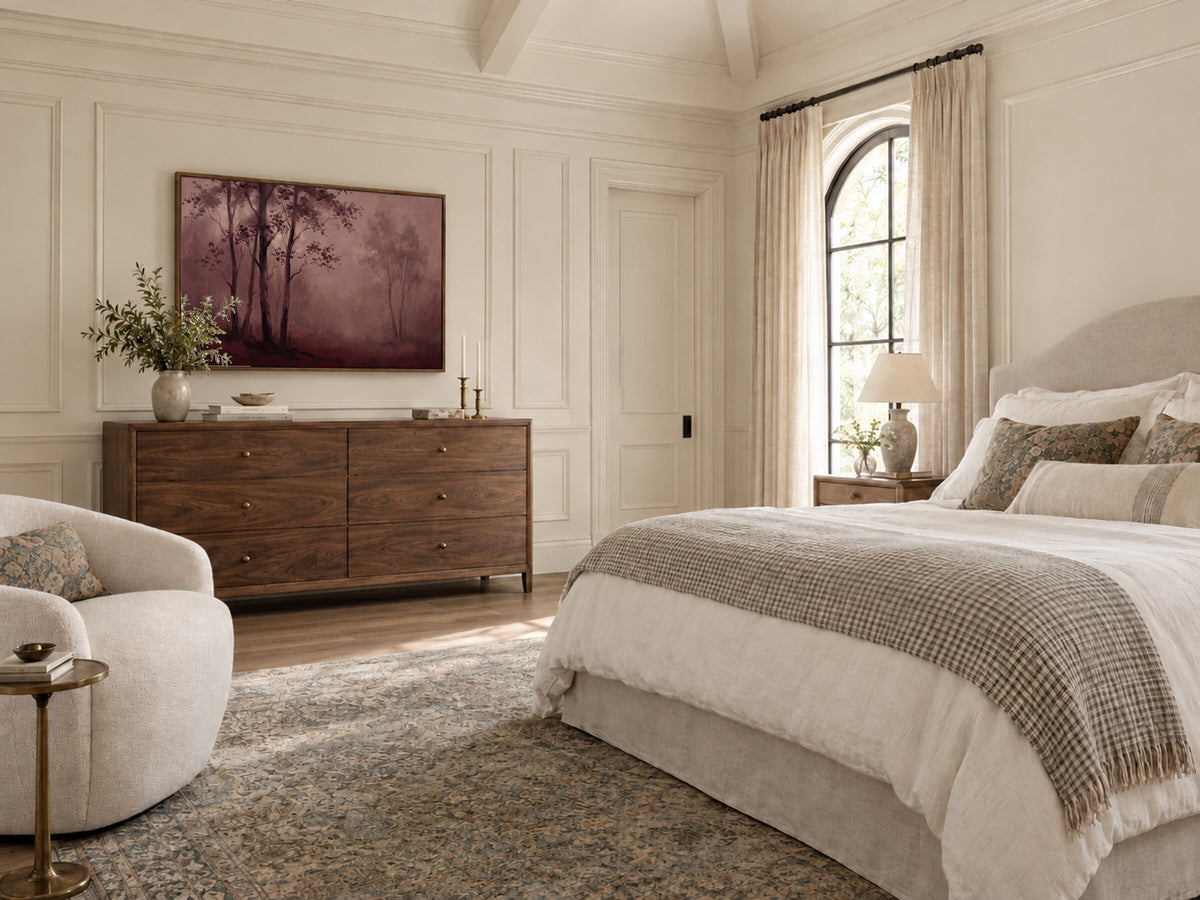 Burgundy Forest in Mist framed wall art in a bedroom above a walnut dresser