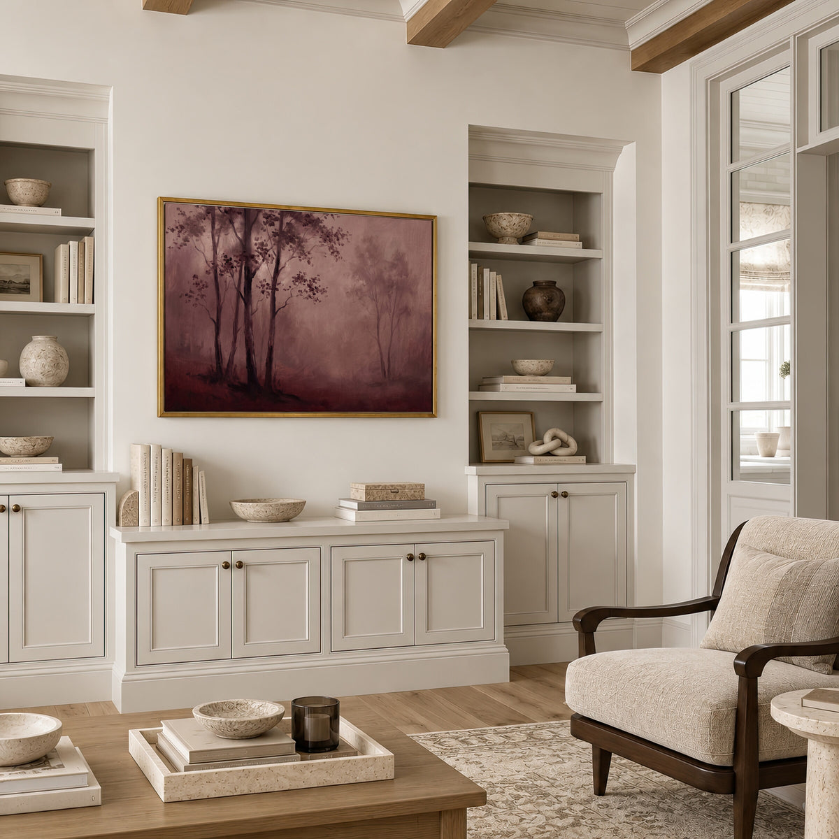 Burgundy Forest in Mist framed wall art in a neutral living room with built-ins