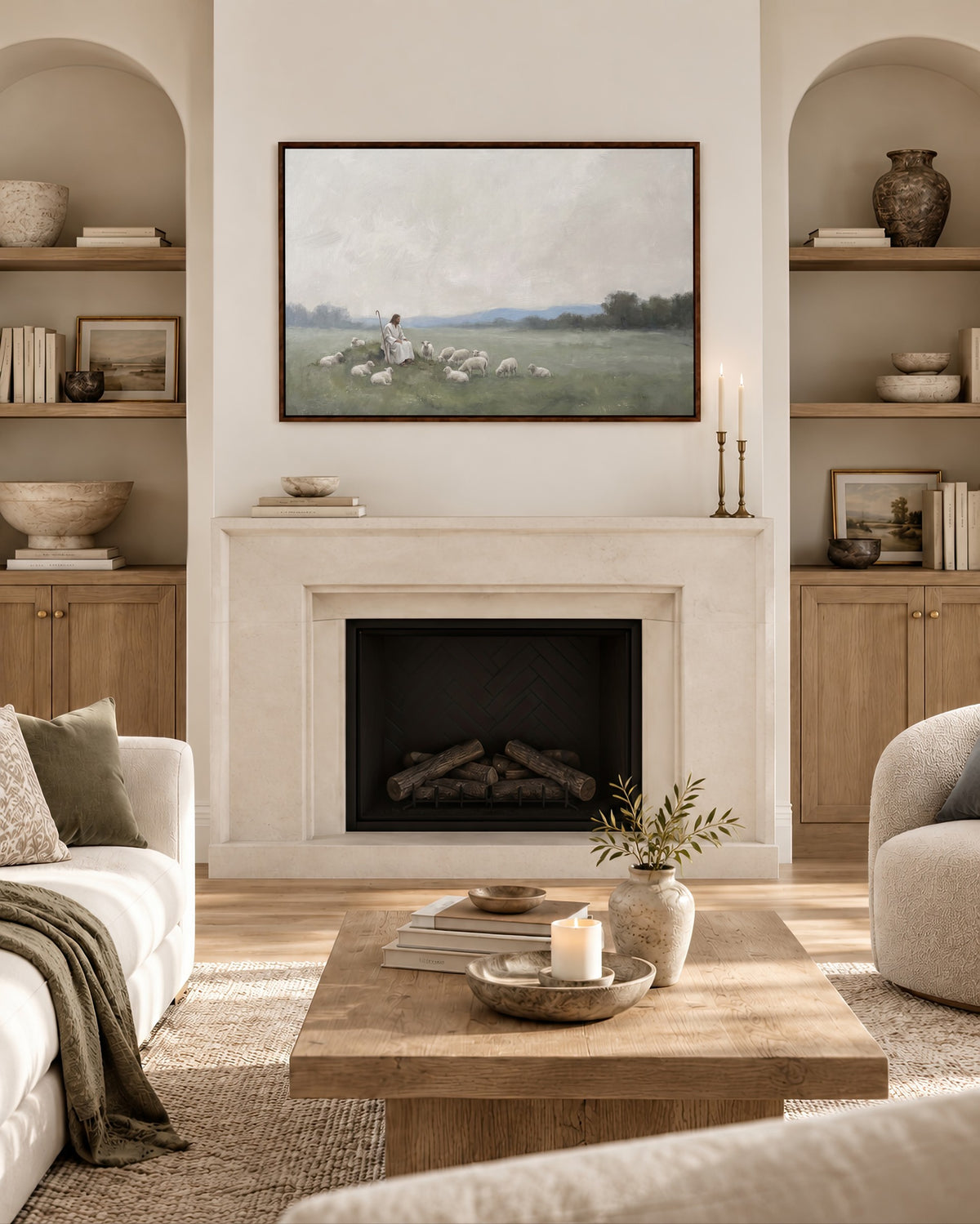 Resting with the Flock wall art in a styled room