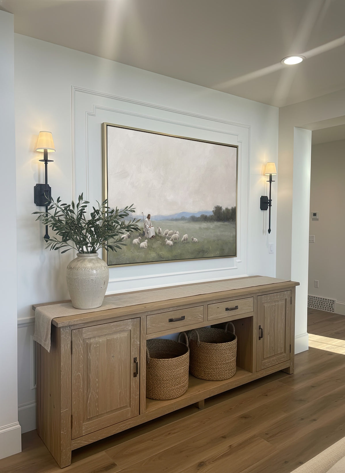 Resting with the Flock wall art in a styled room