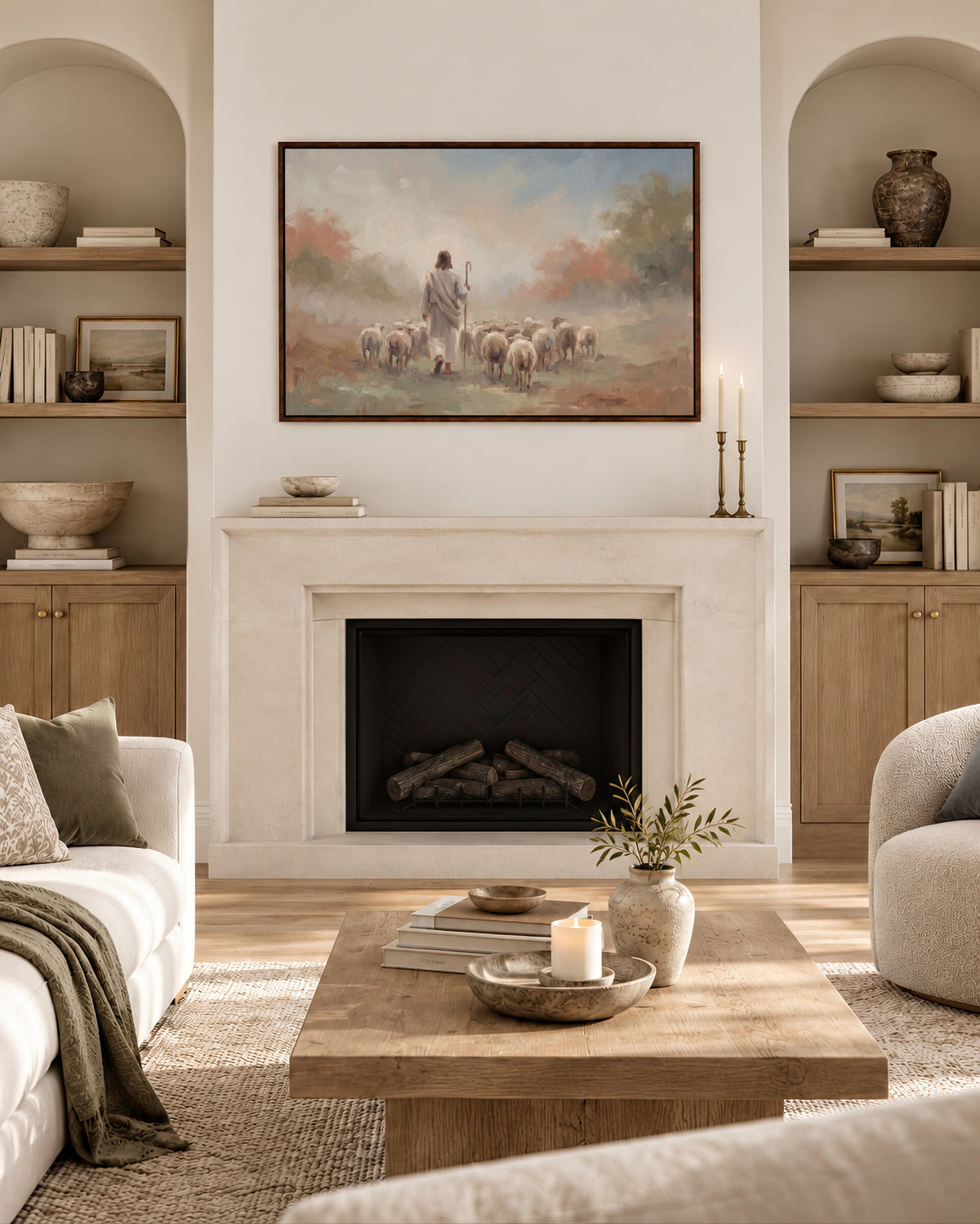Autumn Flock from Behind framed wall art above a fireplace in a living room