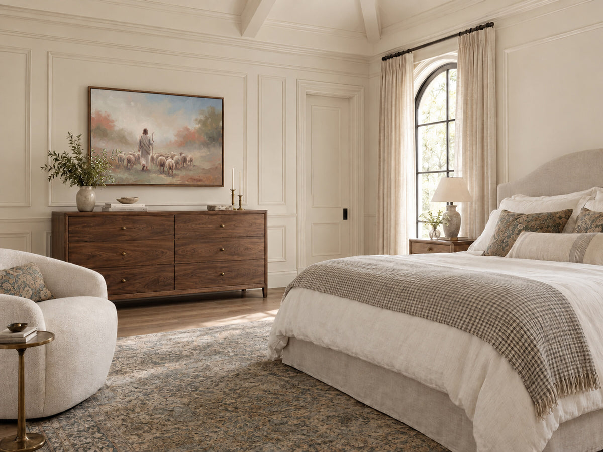 Autumn Flock from Behind framed wall art in a bedroom above a walnut dresser