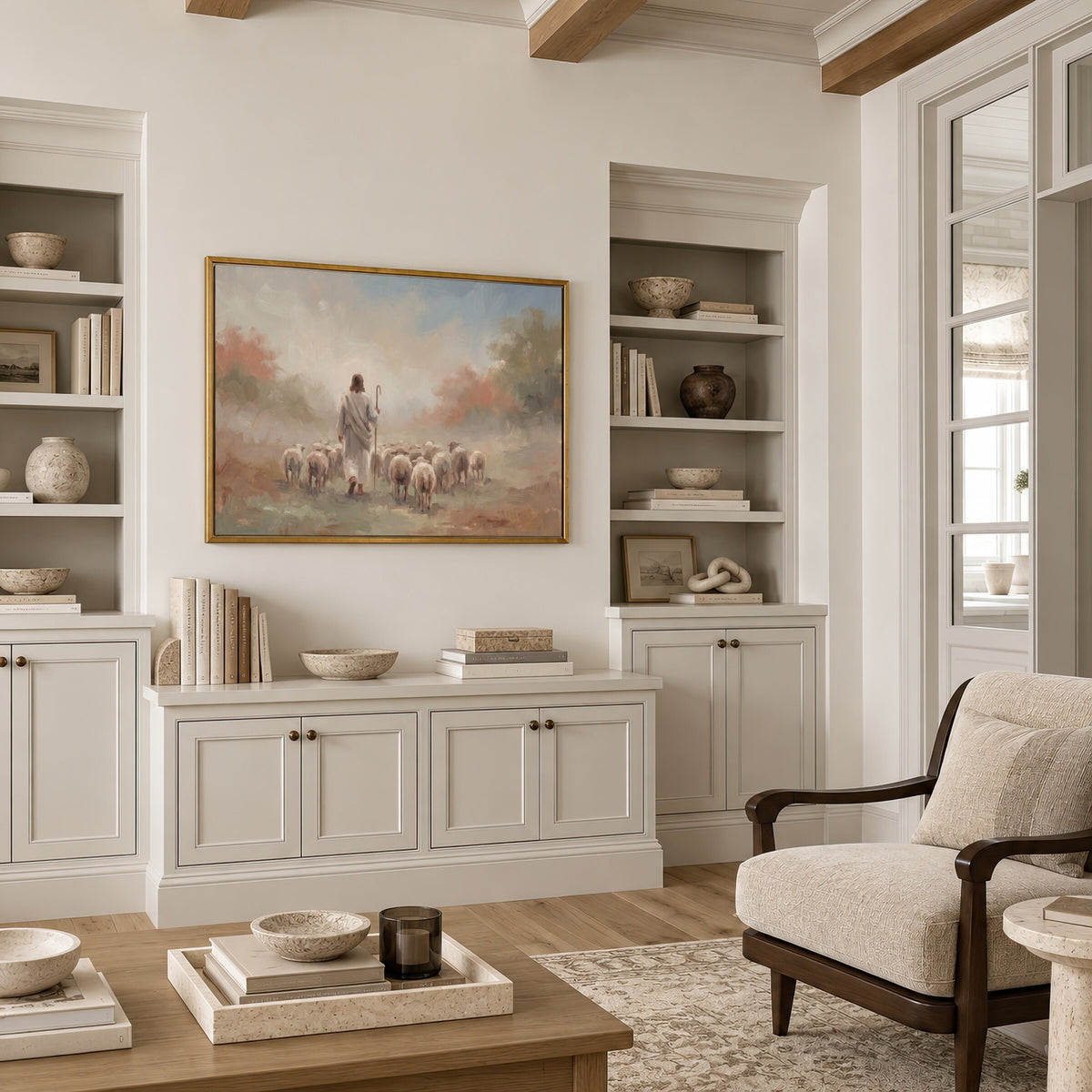 Autumn Flock from Behind framed wall art in a neutral living room with built-ins