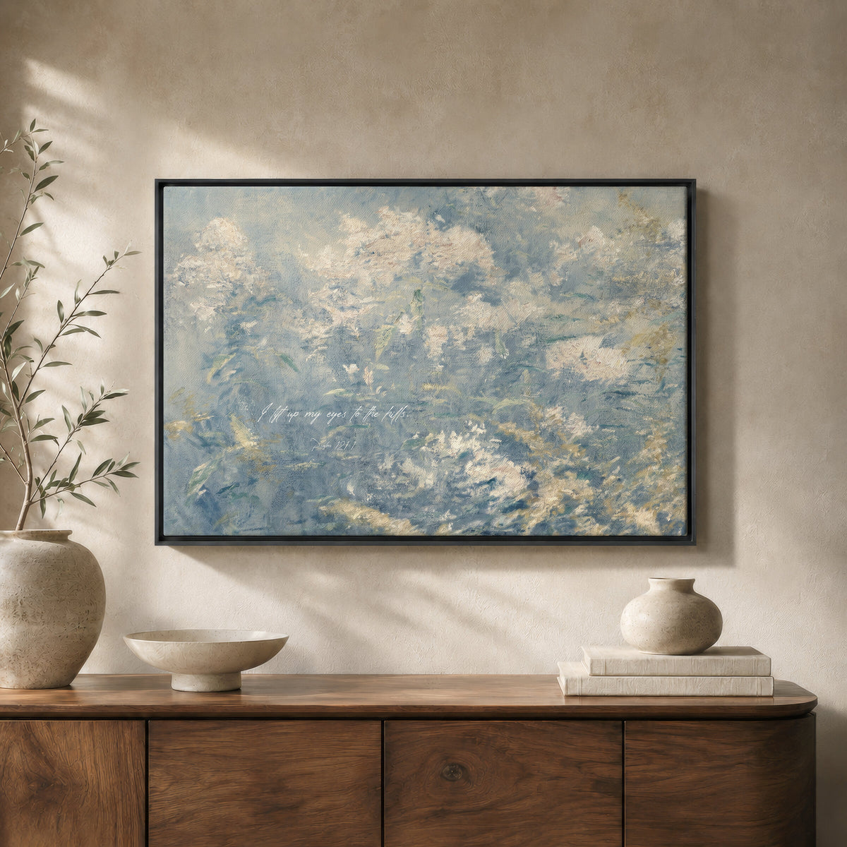 Blue Hydrangea Texture with Verse wall art